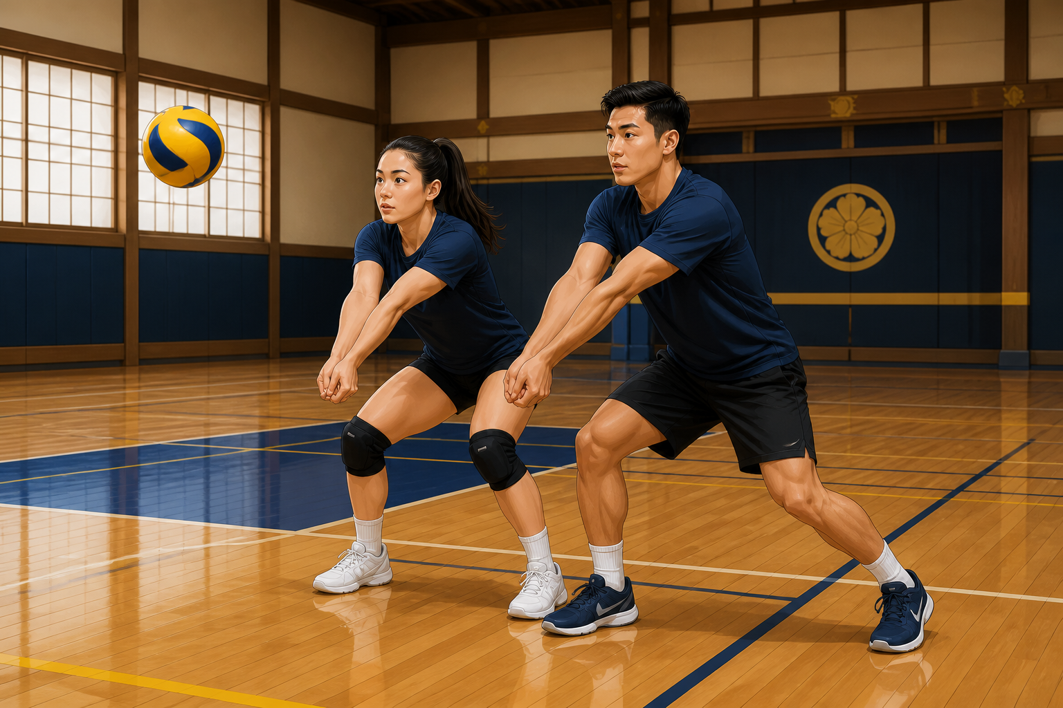 膝を曲げ、両腕を揃えてアンダーハンドでレシーブする姿勢